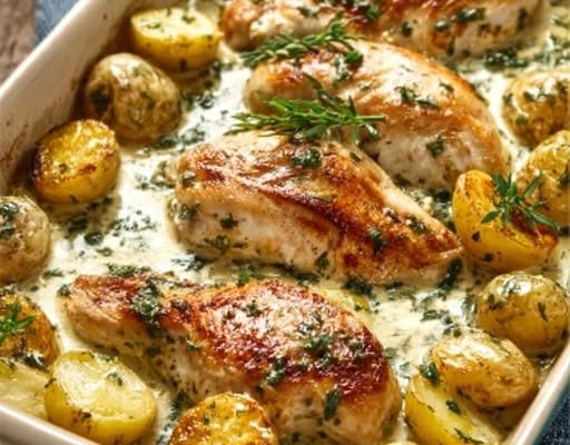 Piept de pui cu cartofi și sos cremos la cuptor– Rețeta ideală pentru un prânz savuros și hrănitor