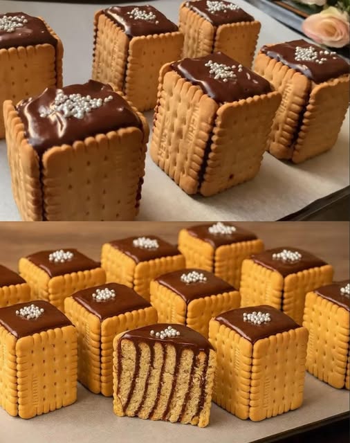 Rețetă de 10 minute pentru CUBURI CU CIOCOLATĂ și biscuiți… Desert rapid și gustos.