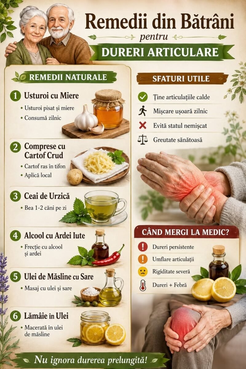 🌿 Durerile articulare îți dau bătăi de cap? Bătrânii foloseau remedii simple și naturale care sunt apreciate și astăzi 👌 🧄 Usturoi cu miere 🥔 Comprese cu cartof crud 🍵 Ceaiuri naturale 🌿 Uleiuri și masaje pentru articulații ✨ Descoperă cele mai populare sfaturi pentru articulații mai sănătoase și mai mobile!