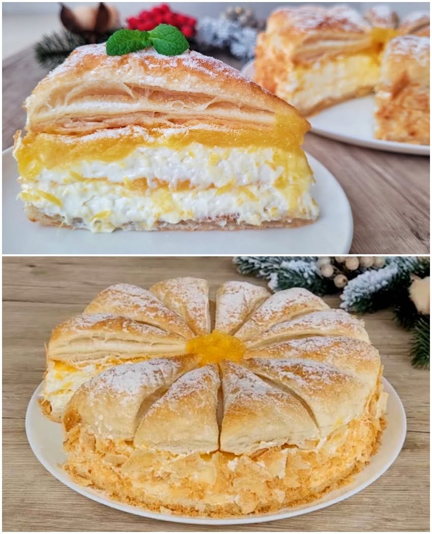 Tort din foietaj cu cremă de iaurt și piersica