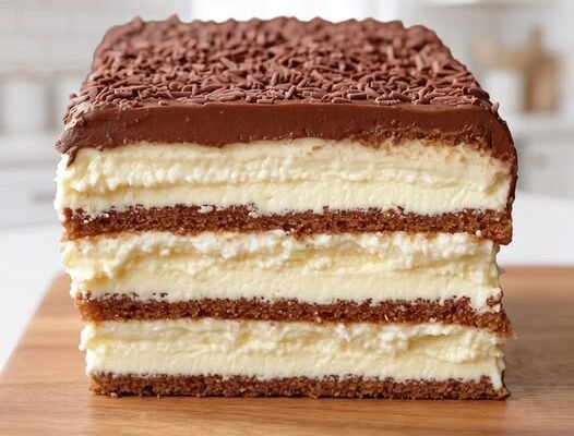 Deliciul stratificat cu vanilie și ciocolată este un desert elegant, care încântă prin combinația dintre crema catifelată și aroma intensă de ciocolată.