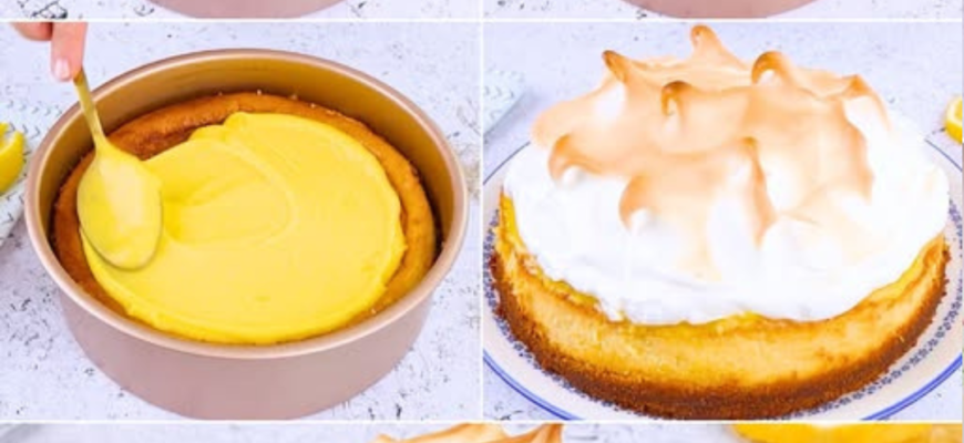 LEMON MERINGUE CHEESECAKE MAGIC 🍋 Umplutură de lămâie, bază cremoasă de cheesecake și un topping auriu și pufos de bezea! Fiecare mușcătură este fericire pură