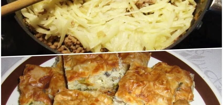 Plăcintă de casă cu carne tocată, ciuperci și cașcaval