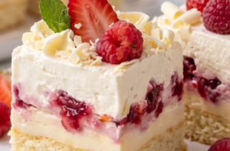 Prăjitura cu Cremă de Vanilie, Zmeură și Ciocolată Albă este un desert elegant care încântă cu gustul său delicat și fructat.