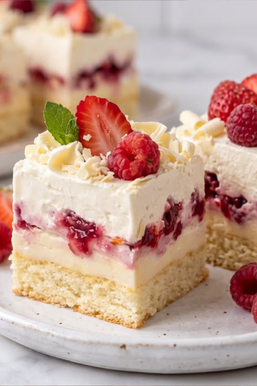 Prăjitura cu Cremă de Vanilie, Zmeură și Ciocolată Albă este un desert elegant care încântă cu gustul său delicat și fructat.