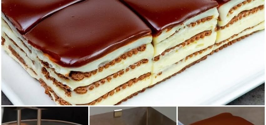 Prăjitură fără coacere cu biscuiți, cremă de vanilie și glazură
