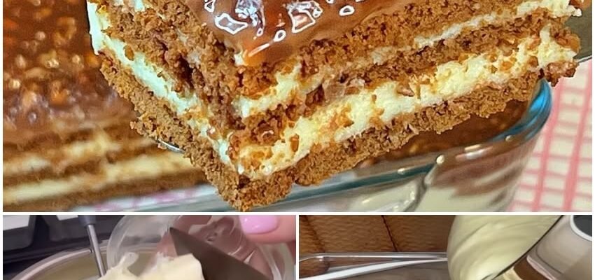 Prăjitură fără coacere cu biscuiți și cremă fiartă