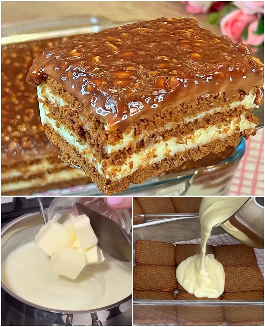 Prăjitură fără coacere cu biscuiți și cremă fiartă