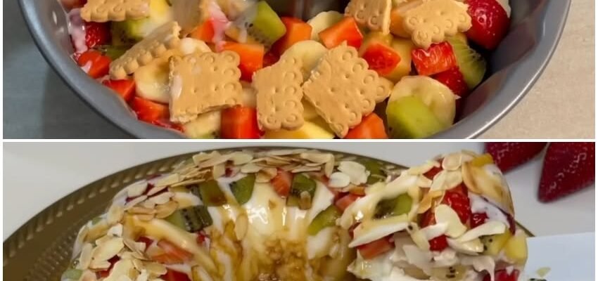 Tort cu fructe, biscuiți și budincă de caramel