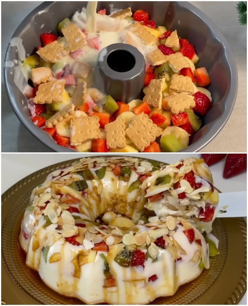Tort cu fructe, biscuiți și budincă de caramel