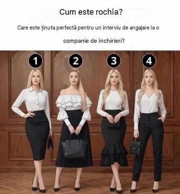 Care este ținuta perfectă pentru un interviu de angajare? Opțiunile 1, 2, 3 și 4: Comparați exemplele și alegeți-l pe cel care vi se potrivește cel mai bine.