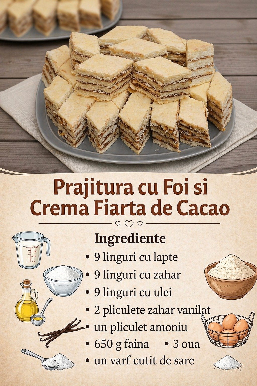 Prăjitură cu foi și cremă fiartă de cacao prajitura-cu-foi-si-crema-fiarta-de-cacao-reteta-copilariei
